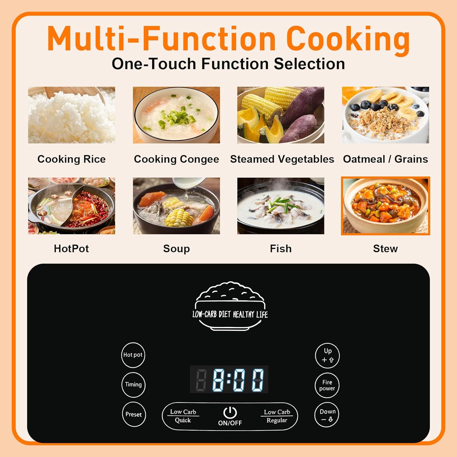 3L Low Carb Rice Cooker, 800W Low Sugar Rice Cooker With 4-Stage Lift Draining Tech, Stainless Steel Inner Pot, Healthy Digital Rice Maker For White And Brown Grains, Oatmeal, Steam, Soup, Sleek Design For Home Kitchen