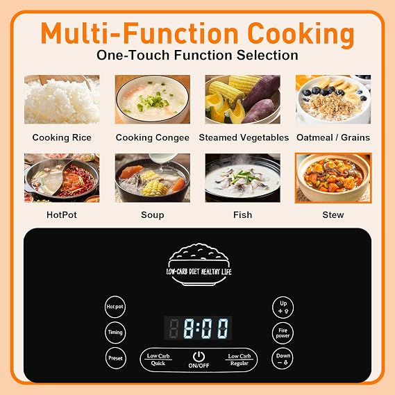 3L Low Carb Rice Cooker, 800W Rice Cooker That Removes Starch | Designed As A Low Sugar Rice Cooker With 4-Stage Starch Removal, Low Carb Rice Cooker For Healthier Rice Cooking.