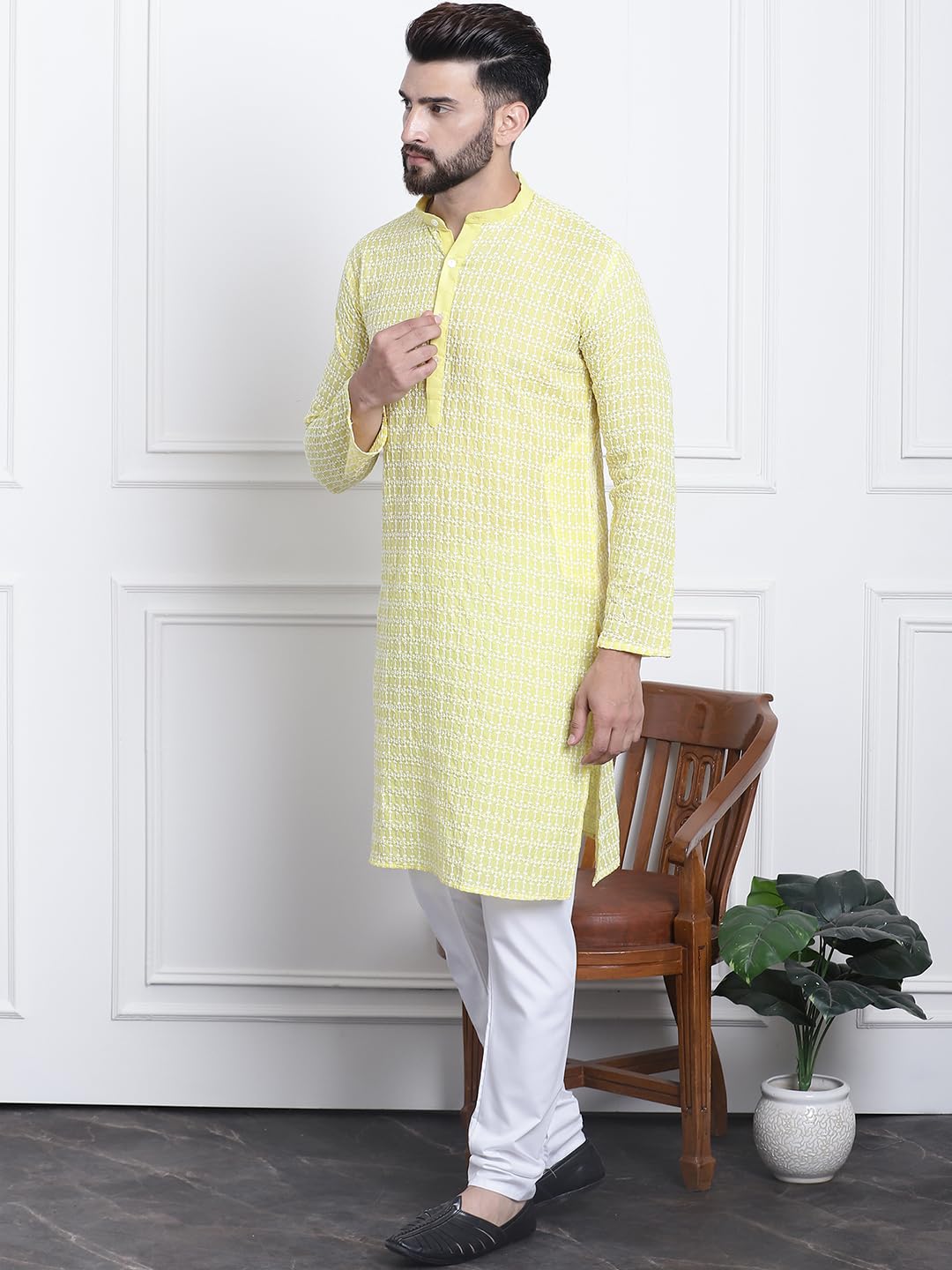 Sojanya (Since 1958 Men's Pure Cotton Yellow Kurta With White Embroidery And White Pyjama Set