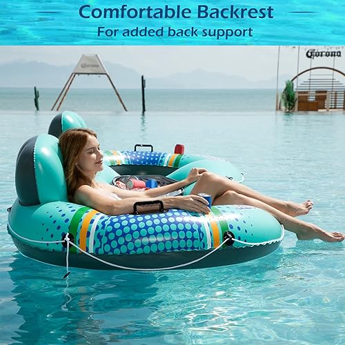 Miniatura 4 de Jasonwell Flotador inflable de tubo de ríopiscina para 2 personas con enfriador extraíble, tubos para lago, balsa flotante flotante con 2 portavasos