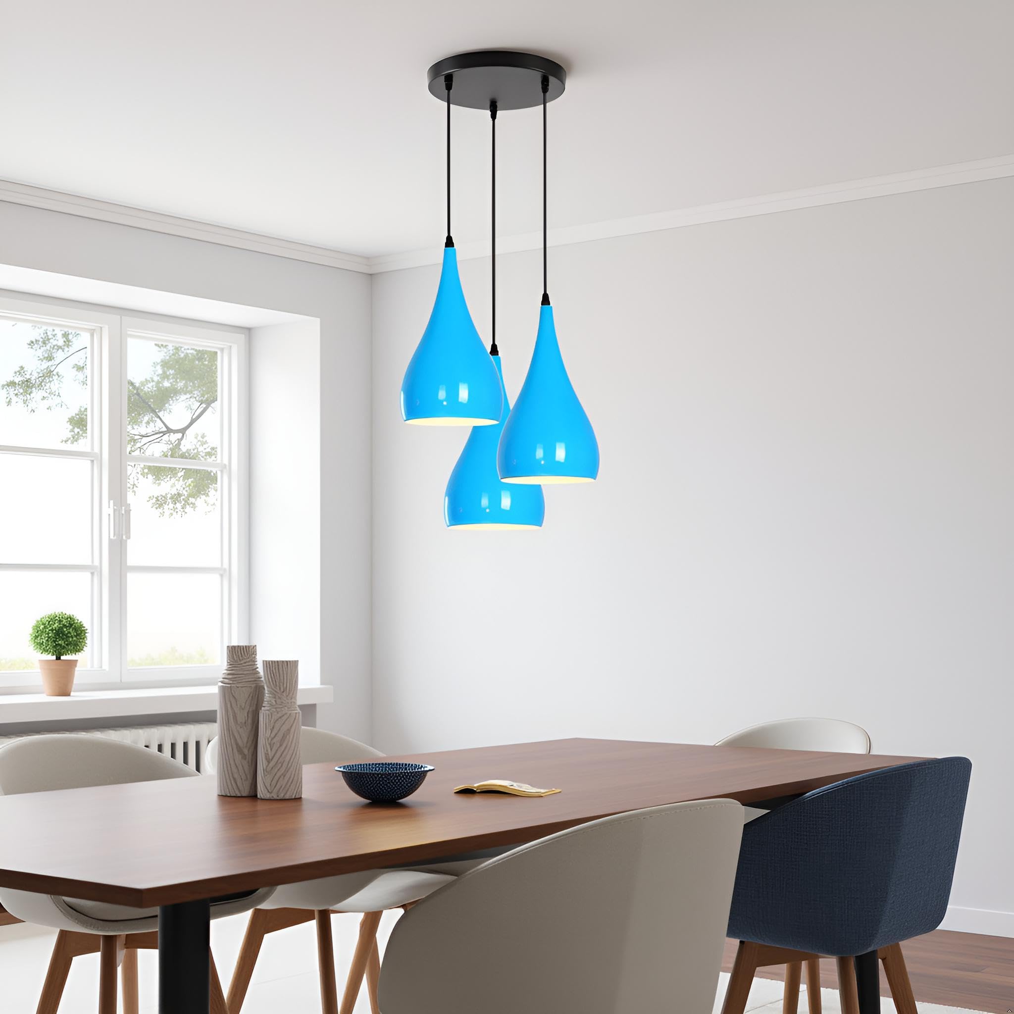 LEDSone Lampadario a sospensione a 3 teste, moderno in metallo a goccia a goccia, lampada a sospensione a grappolo con attacco E27 per soggiorn (Blu)