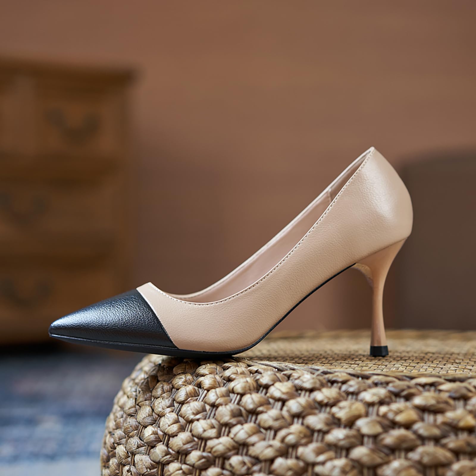 Zapatos de Tacón Bicolor - Punta Negra & Cuerpo Desnudo, Disponibles en Charol & Ante con Tacones 5cm/7cm, Tallas 34-43