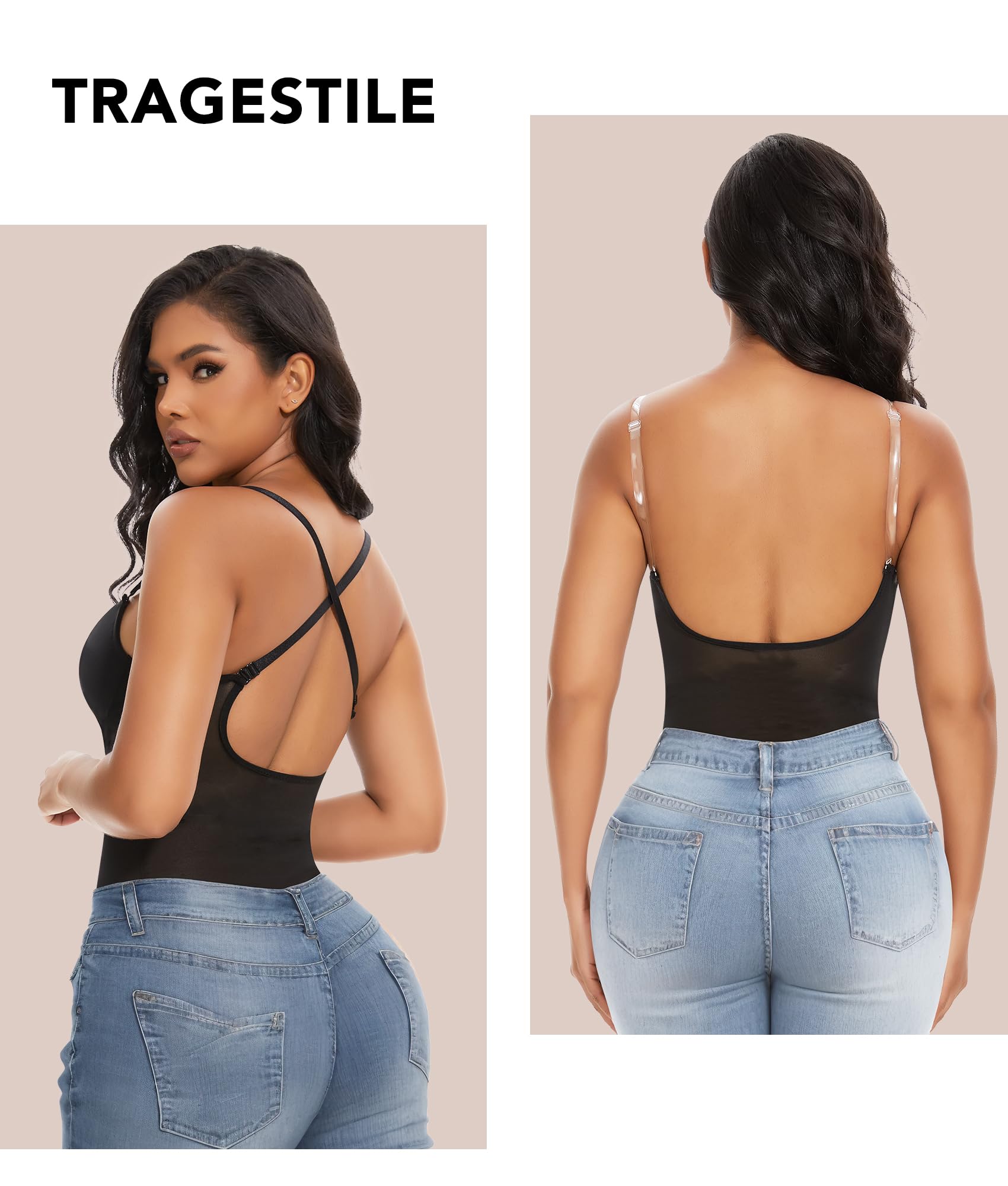SHAPERIN Rückenfrei Formende Bodysuit Damen Shapewear Bauchweg Body mit Push Up BH Body Shaper Tiefer U Ausschnitt