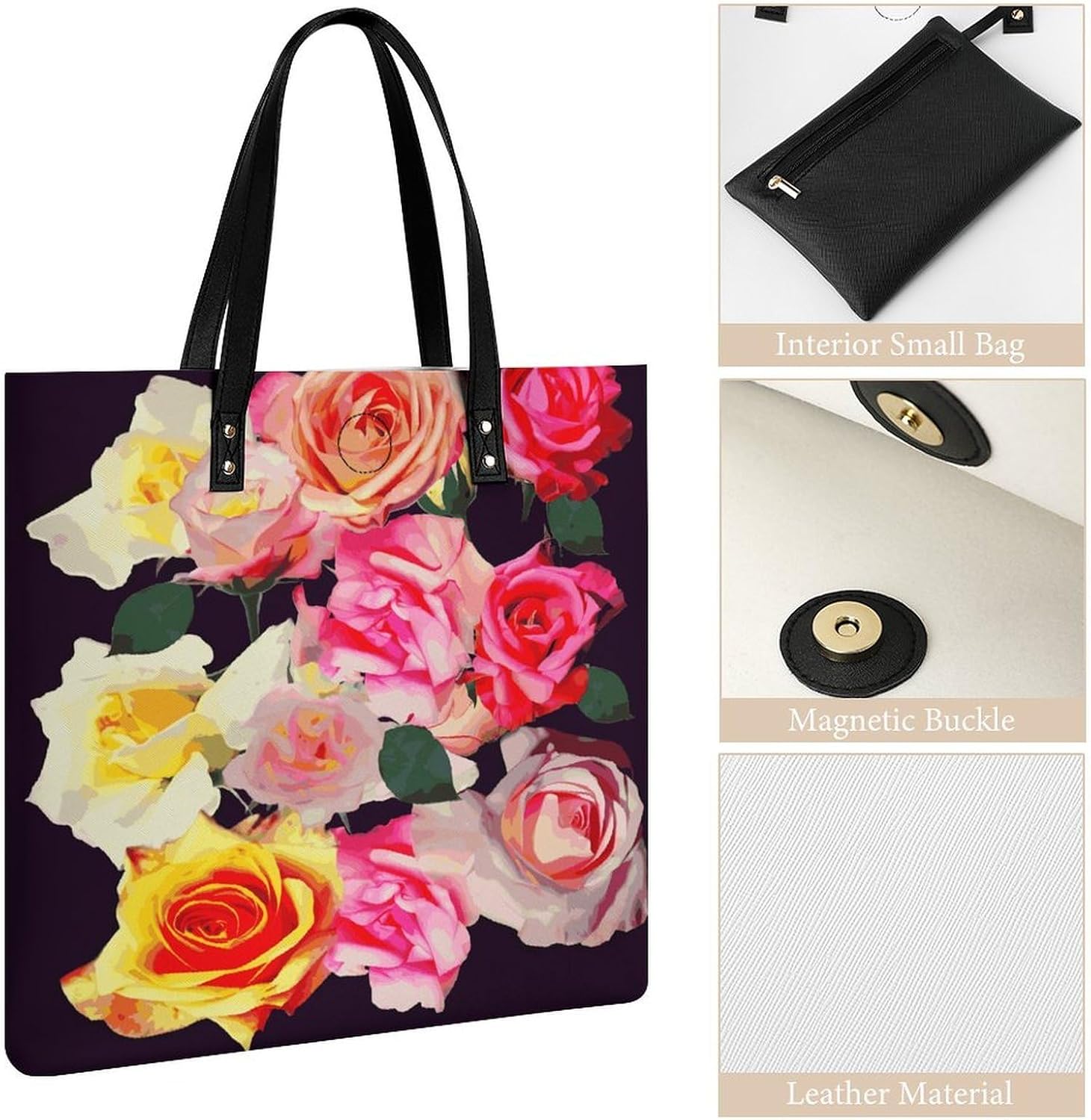 Roses Colored Tote Bag with Magnetic Buckle Reusable Grocery Bags Lightweight Cross Body Handbag for Daily Essentials