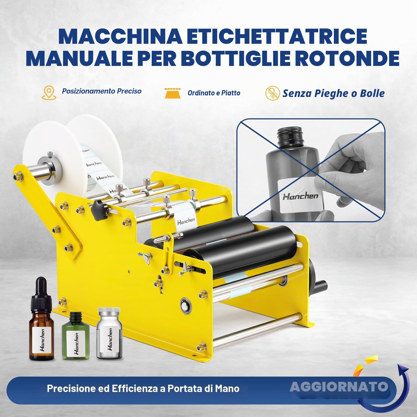 HanchenEtichettatrice manuale per bottiglie rotonde con alta precisione e velocità, etichettatrice regolabile per cilindri etichettatura senza sforzo