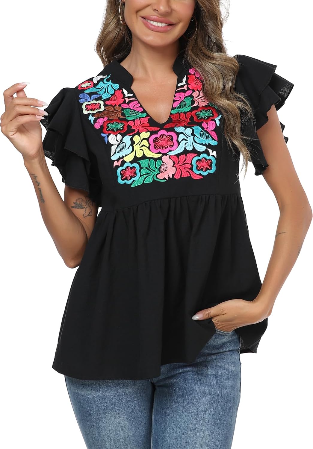 Women's Embroidered Floral Tops Peasant Blouses V Neck Ruffle Cap Sleeve Boho Summer Tops - Image 2