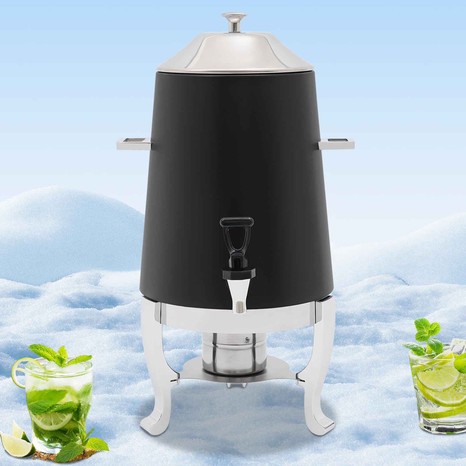 Chafer Urn, Coffee Urn With Fuel Holder And Spigot, 3.4 Gallon Stainless Steel Hot Beverage Drink Dispenser Can For Milk Tea Water Juice Parties Event Buffet Catering Silver, Black