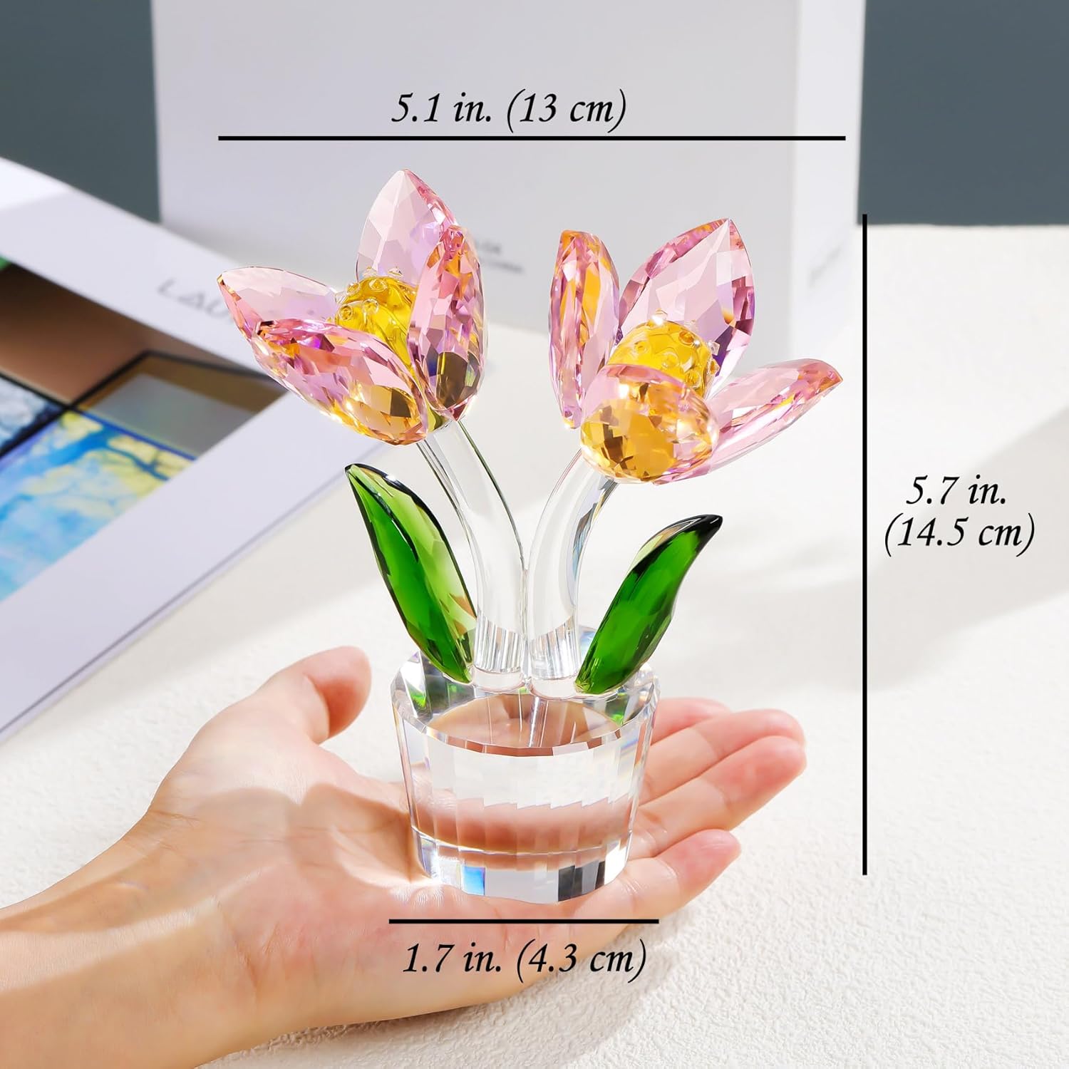 YWHL Pink Crystal Tulips Flower Figurine Decor, Beautiful Glass Flower Gifts for Women, Tulip Collectible Statue with Base for Table Centerpiece, Birthday Ideas (Pink) - Image 6