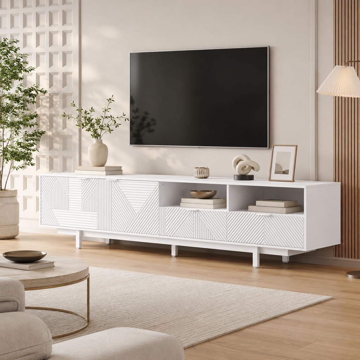 Armario bajo para TV de 200 cm de largo, con 2 puertas y 2 cajones, apto para 90 pulgadas, mesa de televisión con compartimento abierto, armario para salón, dormitorio, 200 x 40 x 51 cm, blanco