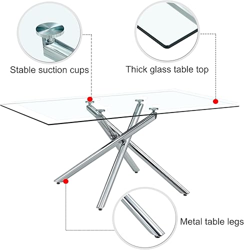 Miniatura 4 de Ebullient Juego de mesa de comedor de cristal de 63 pulgadas para 6 modernas mesas de comedor de vidrio templado con 6 sillas de comedor de piel
