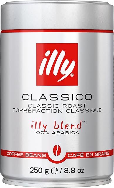 Café en grains Classico d'Illy, torréfaction moyenne, torréfaction classique avec des notes de caramel, fleur d'oranger et jasmin, café 100 % Arabica, sans conservateurs, 250 g en cannette (paquet de 1)