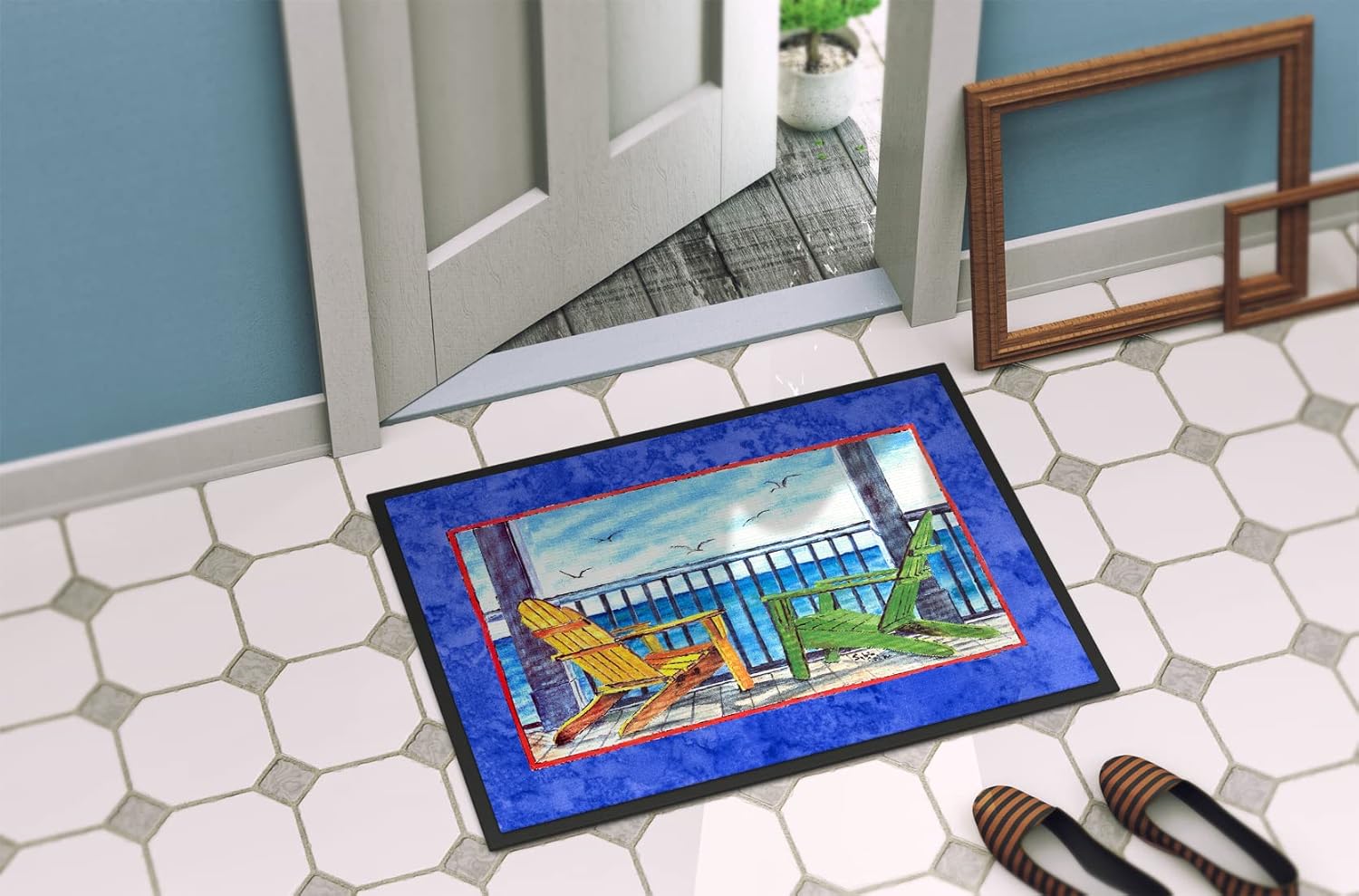 Caroline's Treasures 8767MAT Adirondack Chairs Blue Doormat 18x27, Blue Front Door Mat Indoor Outdoor Rugs for Entryway, Non Slip Washable Low Pile, 18H X 27W