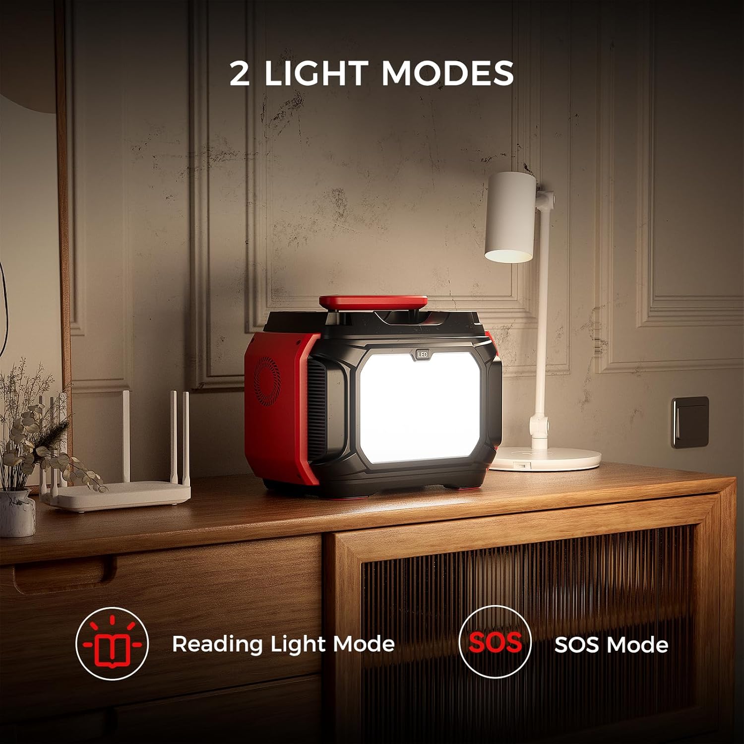 The GOFORT A501 demonstrating its two LED light modes: Reading Light Mode and SOS Mode, in a dimly lit room.