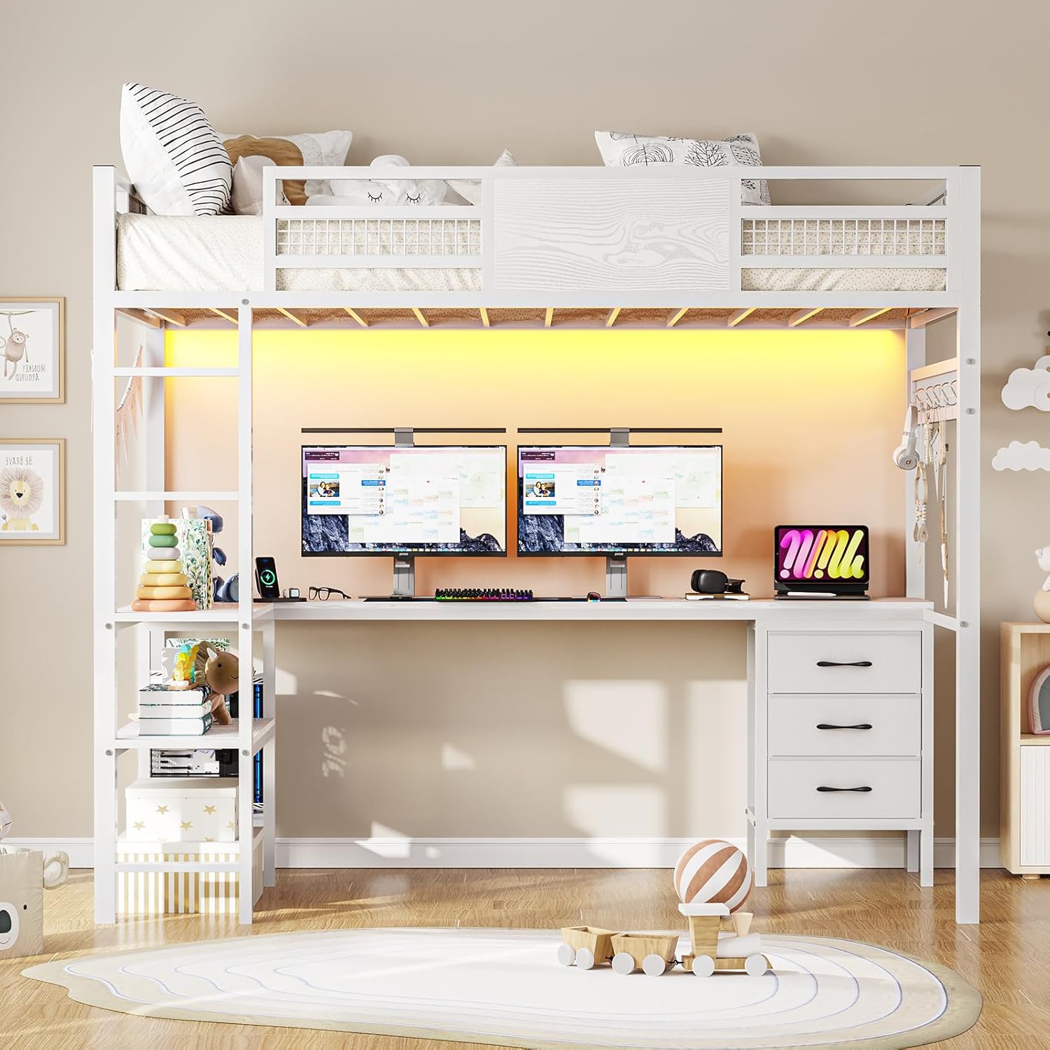 BTHFST Loft Bed Twin Size with L-Shaped Desk, 3 Storage Drawers, 2-Tier Storage Shelves, Power OUtlets, LED Metal Twin Size Bed Frame, Safety Guardrail & Ladder, Space Saving, White