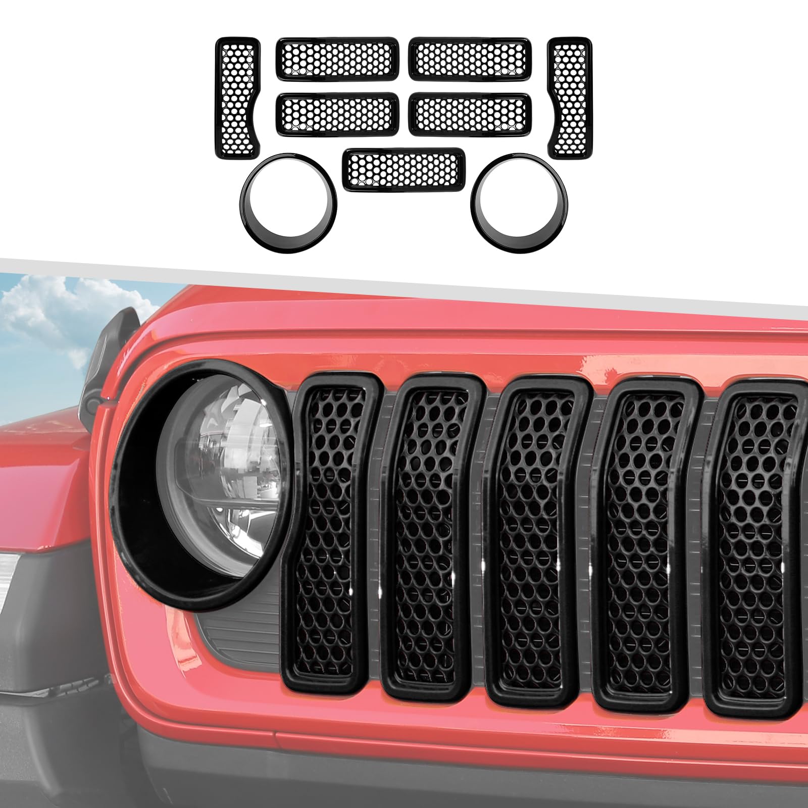 9PCS Headlight Cover &amp; Front Grill Mesh Inserts Compatible with Jeep Wrangler JL JLU 2024+, NOT FIT JL Sport/Sport S (Black)