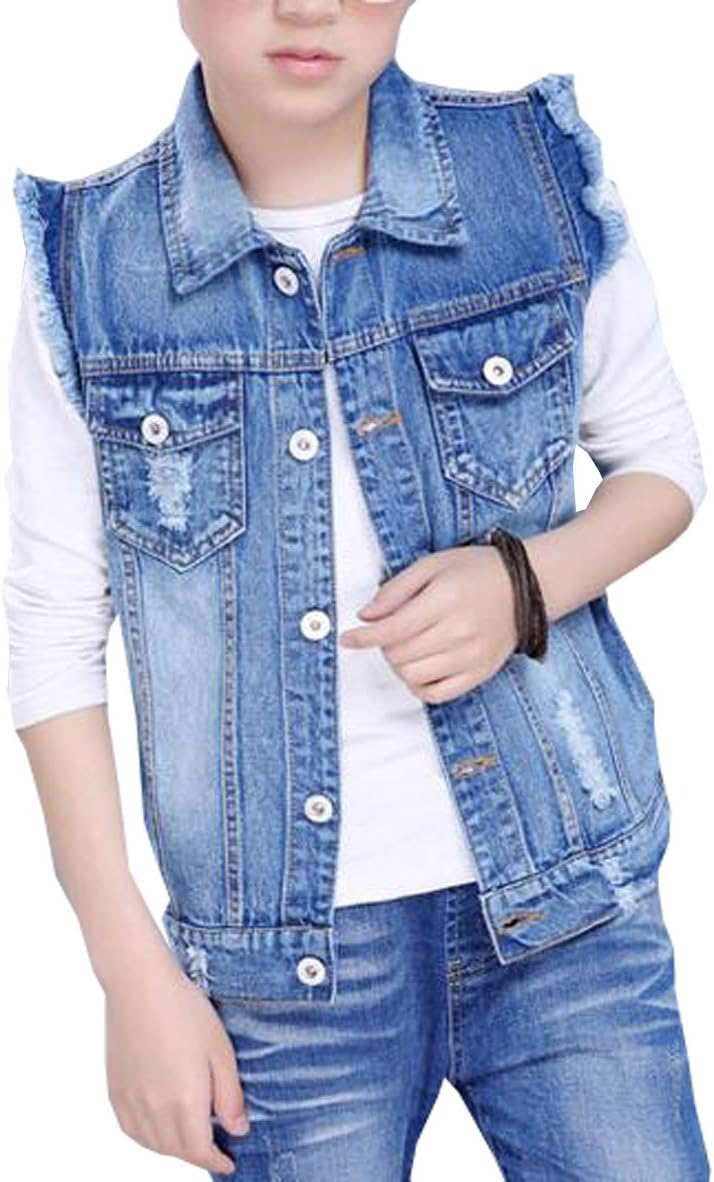 MYtodo Boys Cowboy Single-Breasted Vest Jacket Child Denim Broken Hole Vest