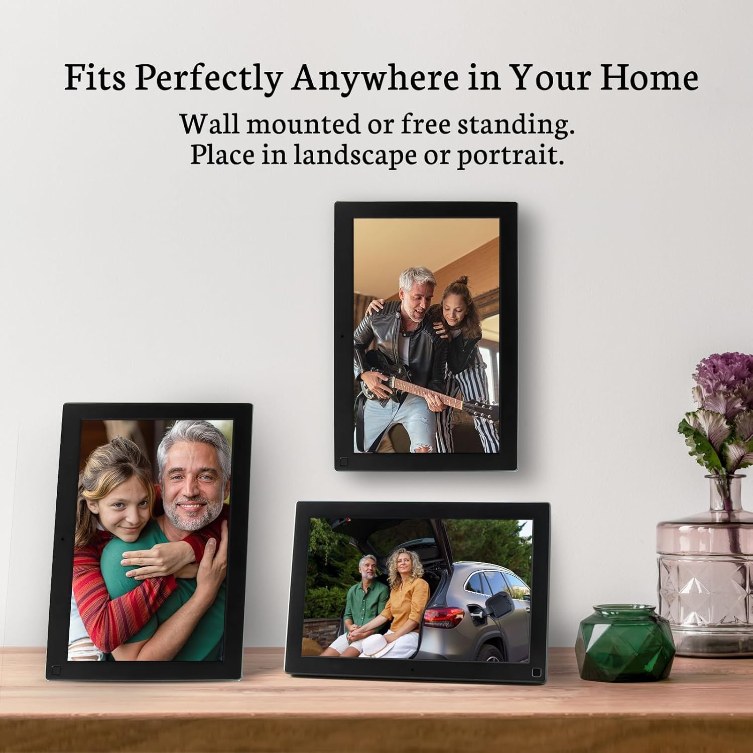 Three BSIMB Digital Picture Frames displayed in a home setting, two in landscape orientation on a table and one mounted vertically on a wall, demonstrating versatility in placement and auto-rotation.