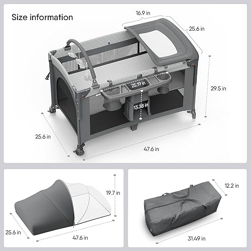 Miniatura 6 de Cuna 4 en 1, para empacar y jugar, para cuna de noche, cambiador de pañales, viene con colchón, mosquitera, almacenamiento inferior y barra de