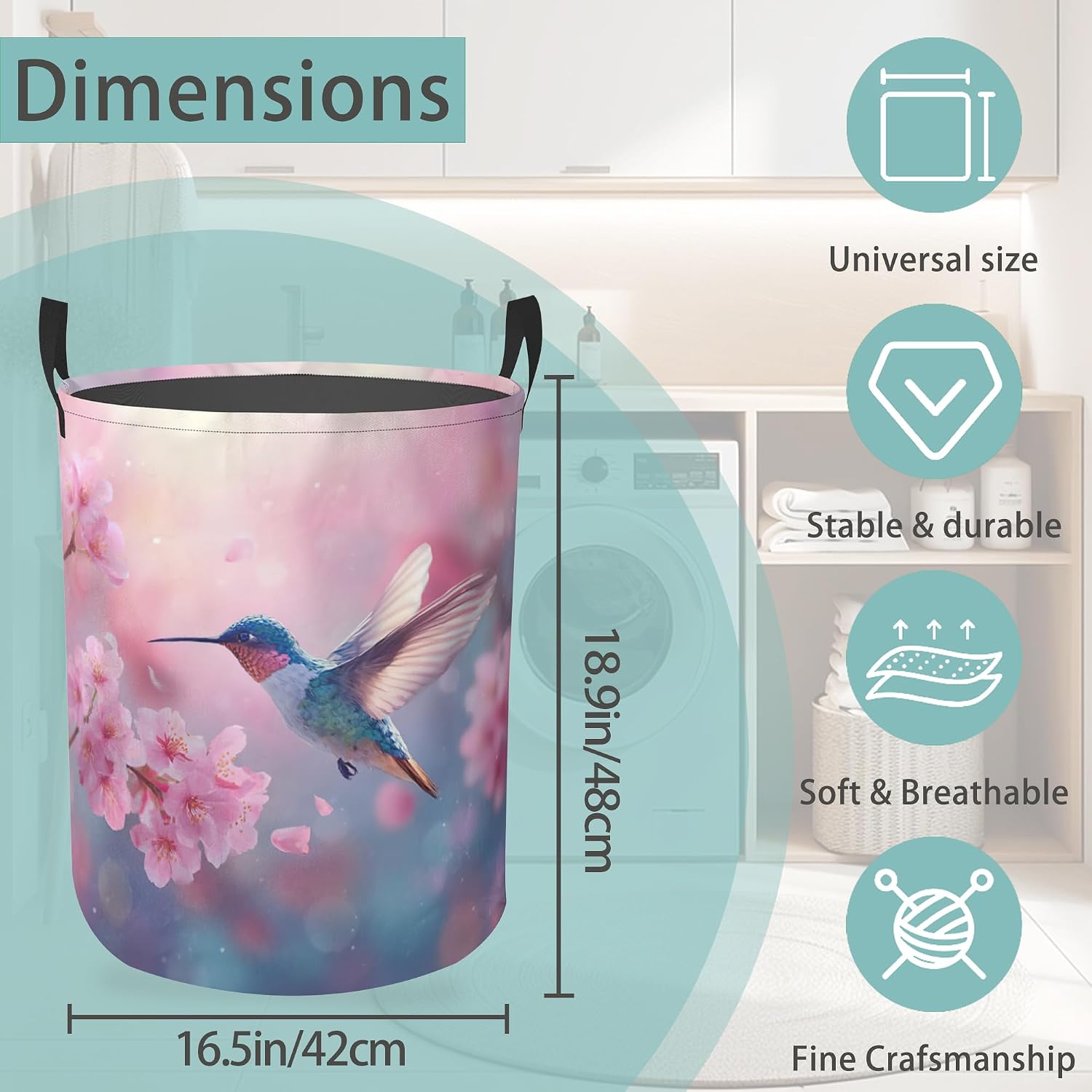 Flowers Hummingbirds Spring Laundry Basket With Handles Tote Bag Oxford Cloth Funny Laundry Hamper Clothes Storage Bucket Toy Organizer 16" X 20.8"For Bathroom/Laundry/Bedroom image 2