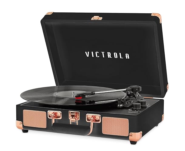 Victrola Journey Bluetooth Portable Suitcase Record Player – with Built-in Speakers, 3 Speed Vinyl Record Player, RCA Out, Headphone Jack (Black Rose Gold)
