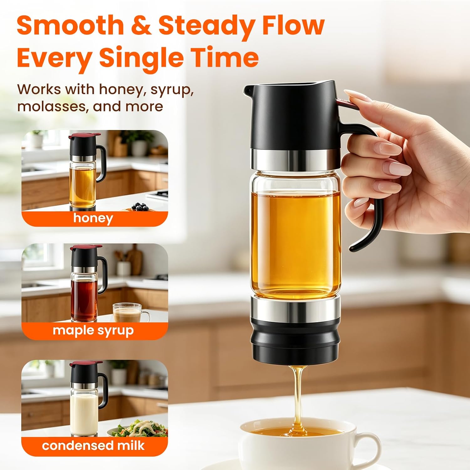 Glass Honey Dispenser Push-Button with Handle (Black), No Drip Glass Jar, Leak-Proof Bottom: One-Handed Press to Serve Honey or Syrup onto Coffee, Tea, Pancakes & Desserts (Black, 9, ounces)