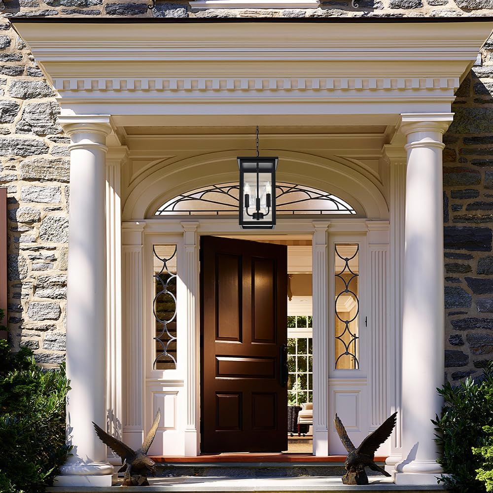 3 Lights Indoor Pendant Light Black Outdoor Chandelier Exterior Hanging Fixture Ceiling Mount with Clear Glass Shade Hanging Lantern Light Adjustable Pendant Light for Outdoor Hallway