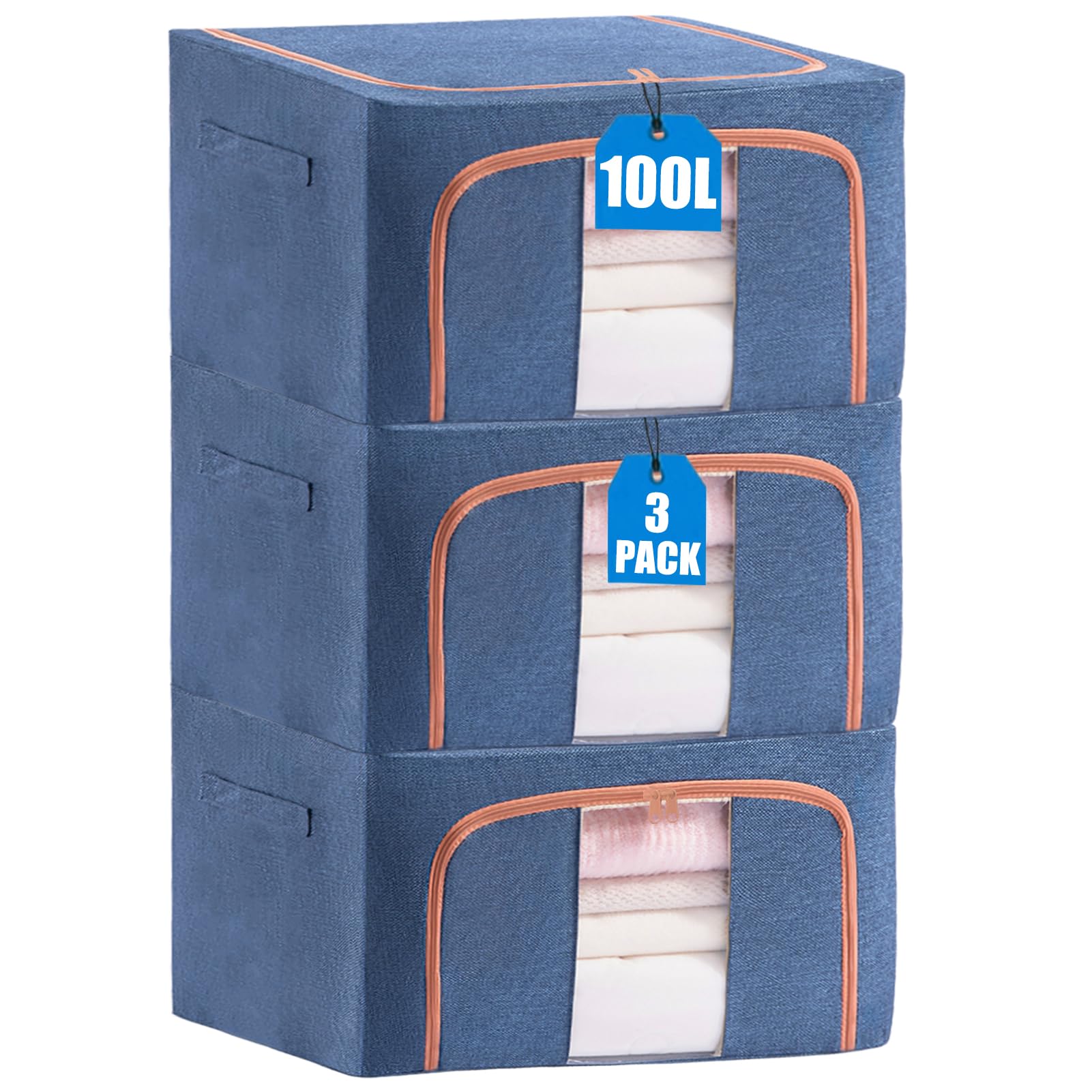 KXF Clothes Wardrobe Storage Organiser Boxes 3 Packs Waterproof Stackable Foldable Oxford Cloth Steel Frame Closet Clothing Storage Bag Clear Window & Carry Handles for Clothes Bedding Blankets 100L