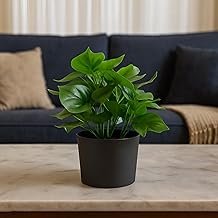 Artificial Table Top Plant with Black Pot | Small Faux Indoor Desk Plant for Home & Office Décor | Low Maintenance Decorative Item – Multiple Colors (Height ~30 cm) (Dark Green)