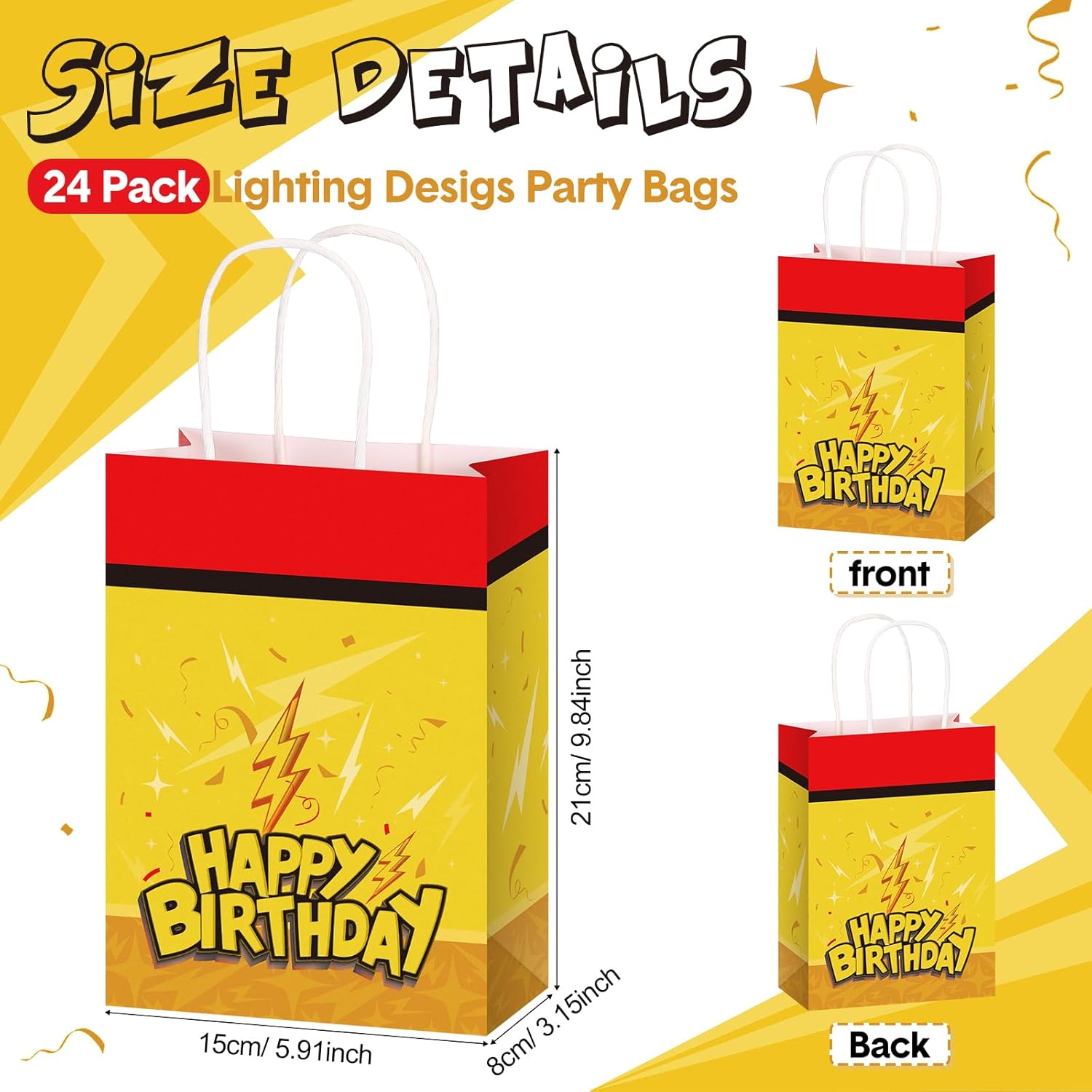 Oudain 24 Pcs Cartoon Animation Party Favor Bags Red Yellow Goodie Treat Gift Bags with Handle Paper Candy Packing for Birthday Lightning Pattern Theme Supplies Baby Shower Decorations - Image 3