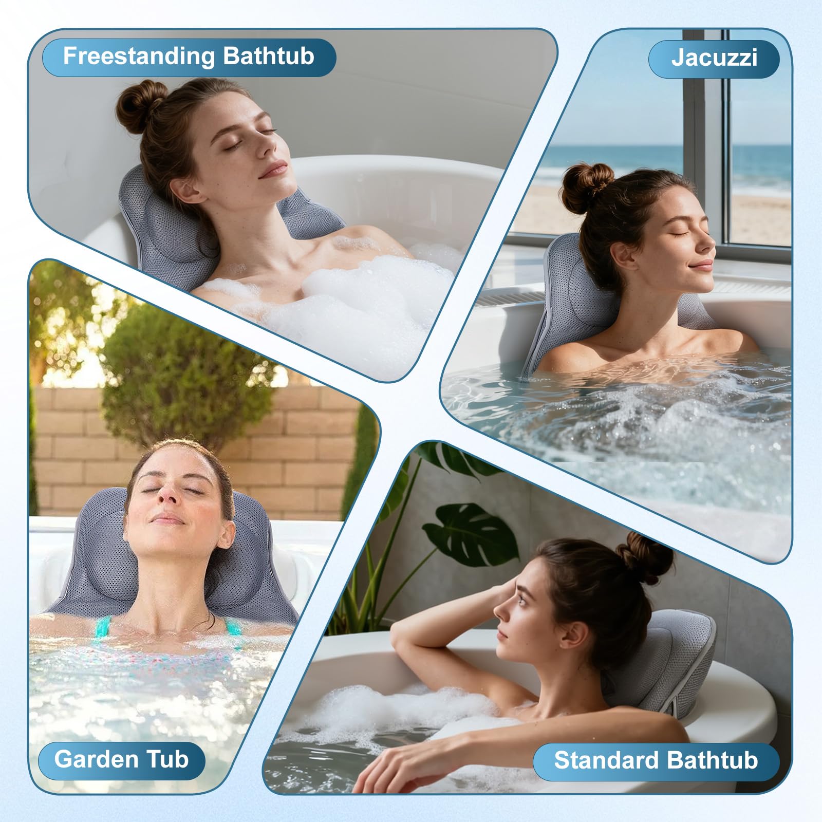 Badewannenkissen Ganzkörper, Verdicktes Badewannenkissen Nacken 4D-Netz Kissen für Badewanne zur Nacken und Rückenunterstützung, Badewannenmatte mit SaugnäPfen, Hängehaken(Grau)