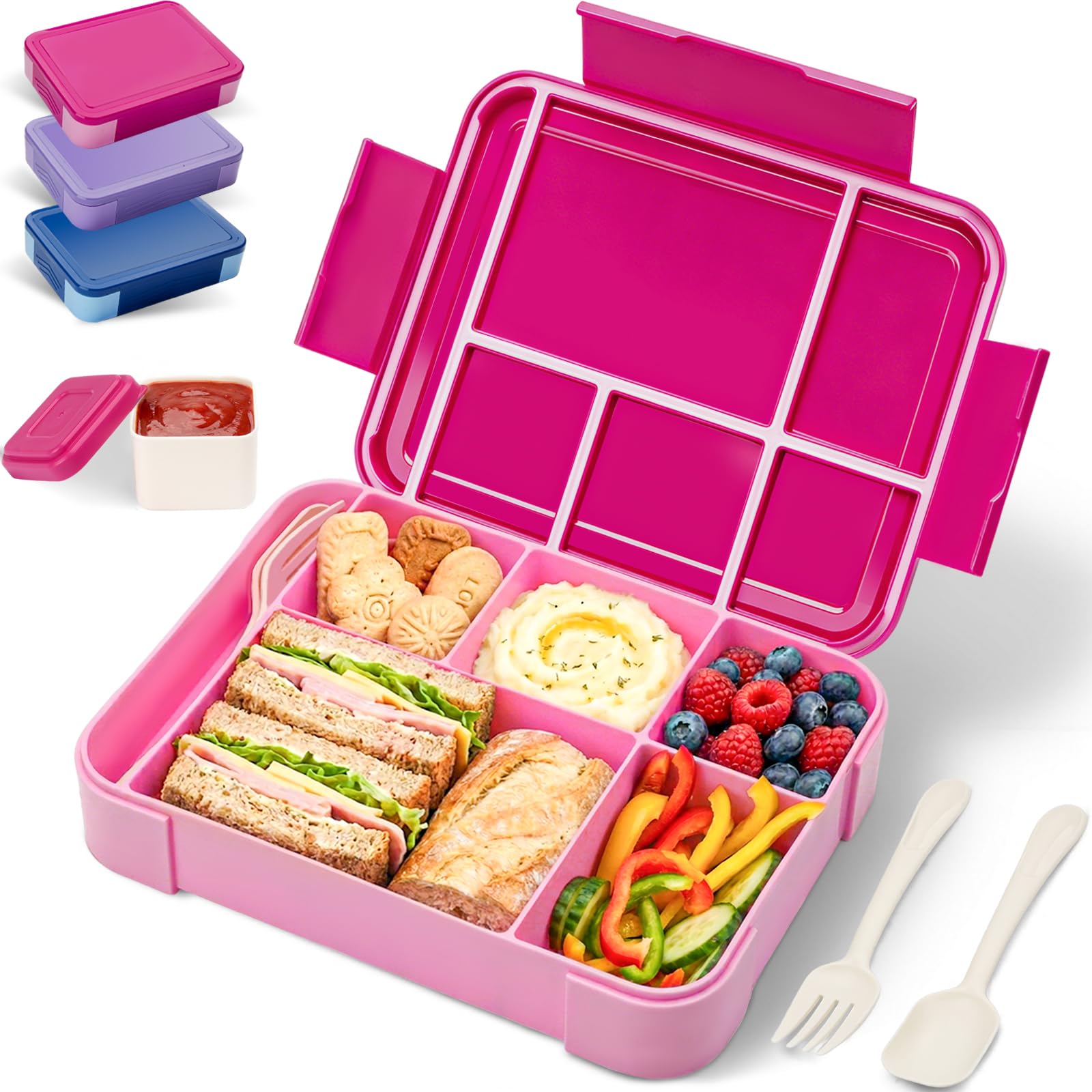 BIBURY Lunch Box Kids Adults, Leakproof Bento Box Lunchbox with 5 Compartments & Sauce Pot & Cutlery, BPA Free, Microwave Dishwasher Safe Snack Box Sandwich Box for School Boys Girls, 1.3L (Hot Pink)