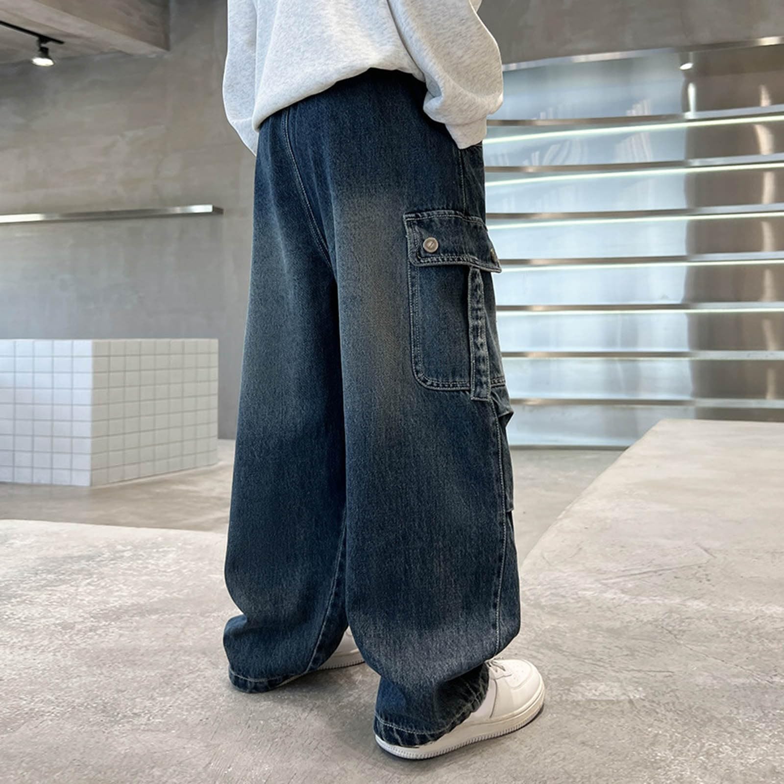 Generico Jeans Baggy Ragazzo - Pantaloni Cargo Casual in Denim per Ragazzi Pantaloni Larghi alla Moda per Le Stagioni Autunnali Pantaloni Lunghi Comodi per Bambini Outfit Elegante