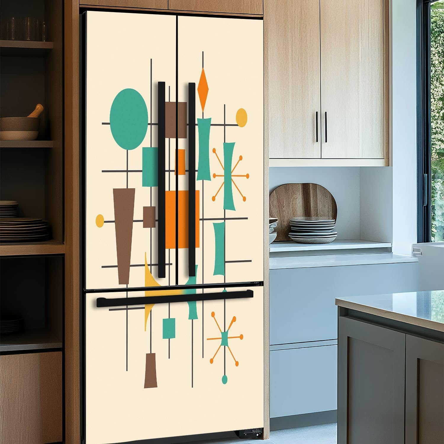 Self Adhesive Vinyl Refrigerator Wrap 50s Mid Century Modern Vintage Retro 1950s Mod Fifties Geometric Door Mural Sticker Peel and Stick Removable Door Cover Fridge Wrap Decal for Kitchen Decor