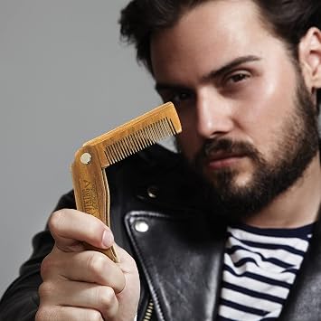 Viking Revolution Folding Beard Comb - Natural Wooden Comb - 1 Count | All-Natural Wooden Beard Comb - Includes Carrying Pouch & Gift Box - For Grooming Beards & Mustaches - Green Sandalwood