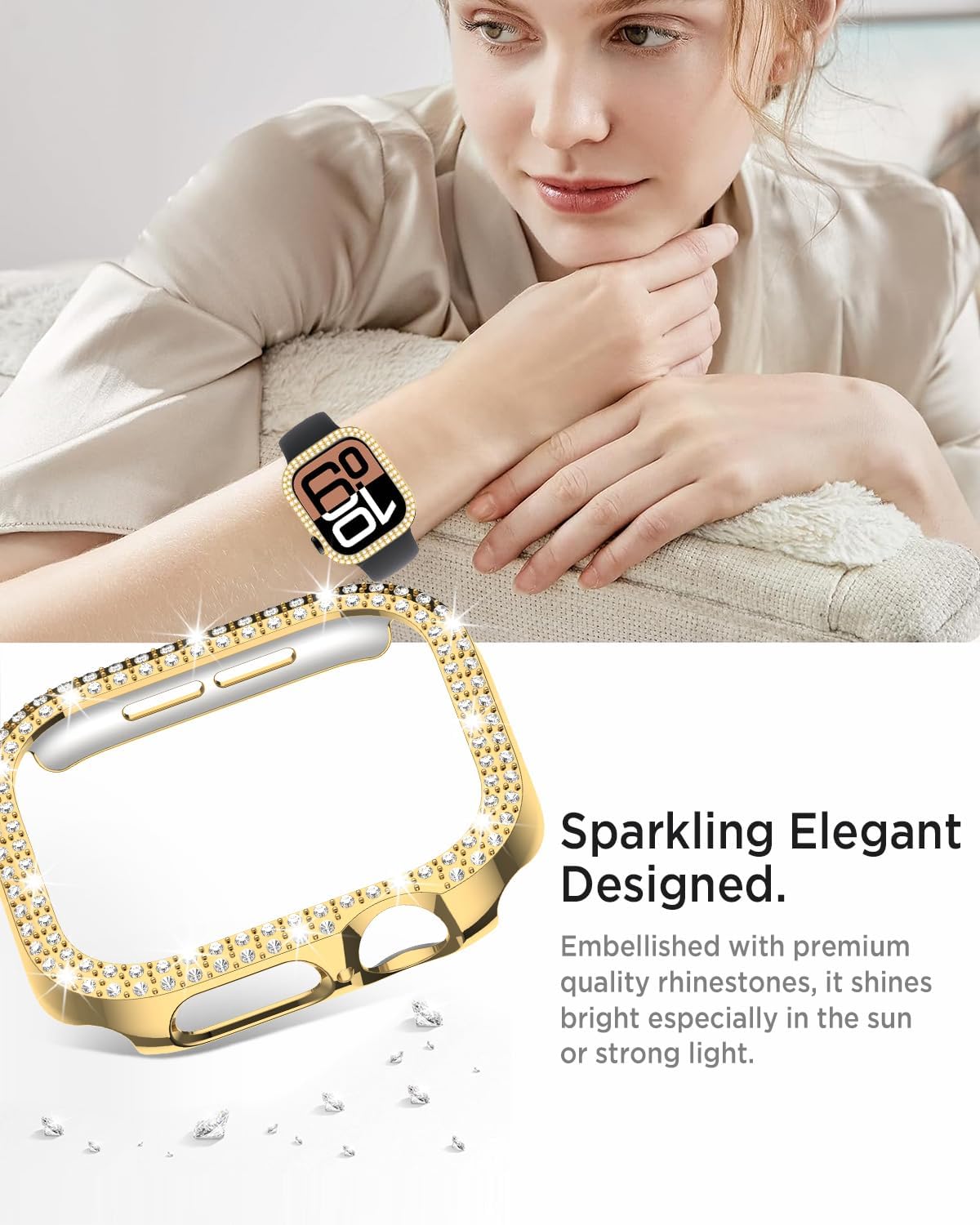 Miimall Bling Case Compatible with Apple Watch Series 11/10 Cover 42mm for Women, Luxury Diamond Rhinestone Crystal Shell, Hard PC Sparkling Frame for Apple Watch Series 11/10 Bumper 42mm-Gold - Image 6