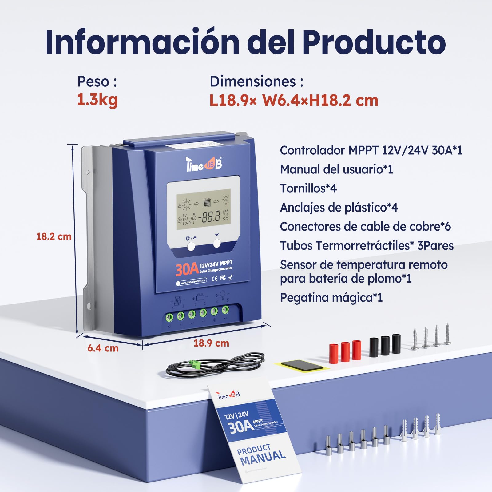Timeusb Regulador de Carga Solar MPPT 12V 24V 30A para Batería LiFePO4 | Reconocimiento Automático,Entrada FV Máx. 50V,99% de Seguimiento,Controlador de Carga con Pantalla LCD para Plomo-ácido