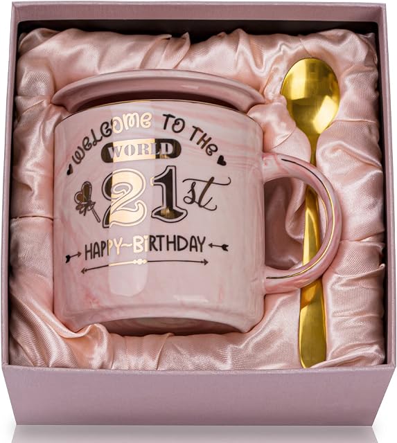 21st Birthday Gifts for Her Keepsake, Happy 21st Birthday Mug Present for Women, Daughter, Girls, Sister, Best Friend, Female Adult, Niece, Girlfriend, 14oz Cute Pink Cup Printed with Gold, Gift Boxed