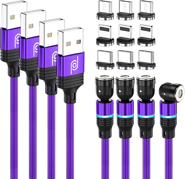 JJA Magnetic Charging Cable 3 in 1, 4 Pack (2 x 1m, 2m, 3m), 360°&180° Rotation, Fast Phone Charger, 3A Nylon Braided Detachable, Data Transfer, for Micro USB, Type C, I-Connector (Purple, Pack of 4)