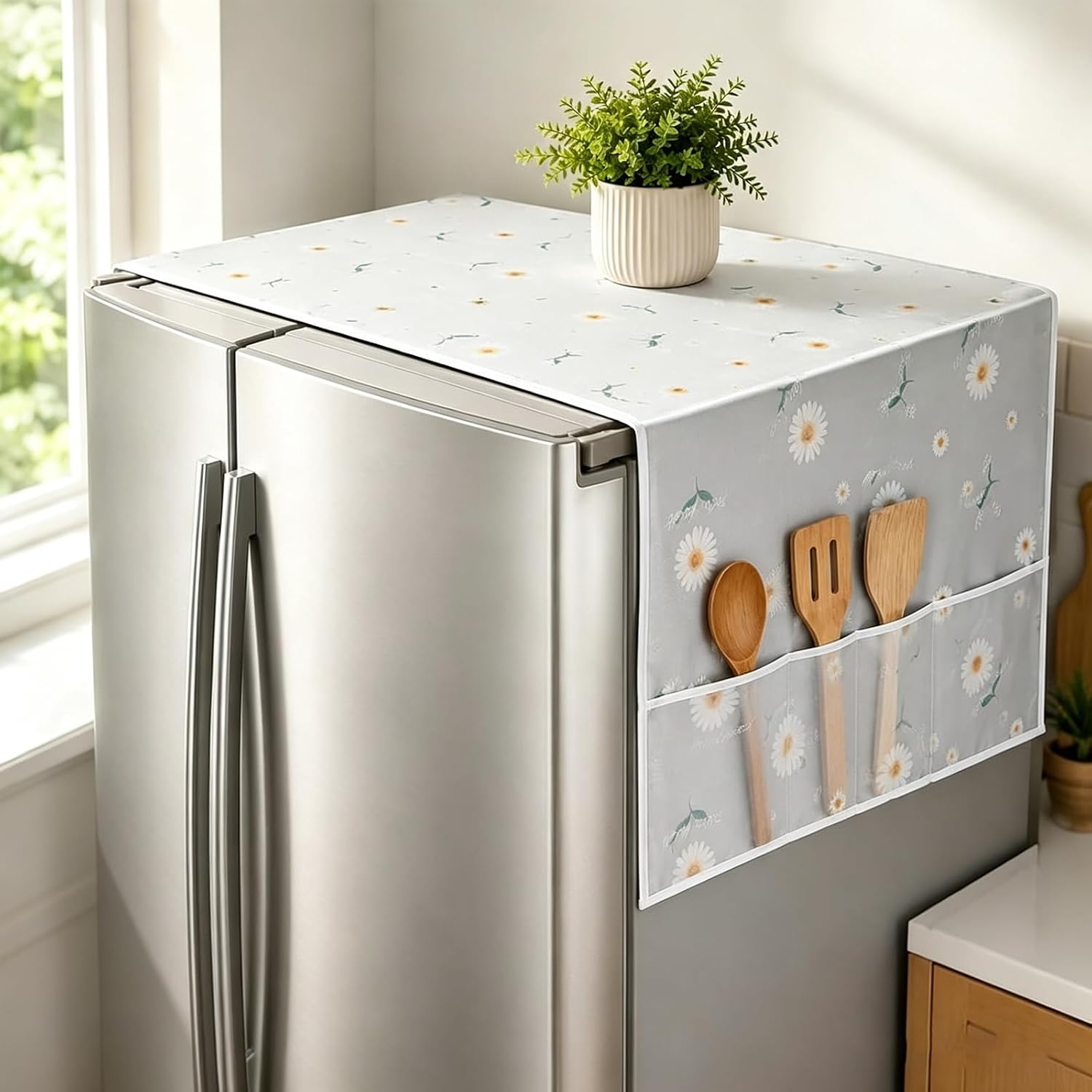 Daisy Print Refrigerator Dust Cover with Storage Pockets Multi-Functional Waterproof Fridge Top Protector Heat Resistant Household Kitchen Appliance Dust Proof Cover，B SET*1：130*55cm/52*22inch