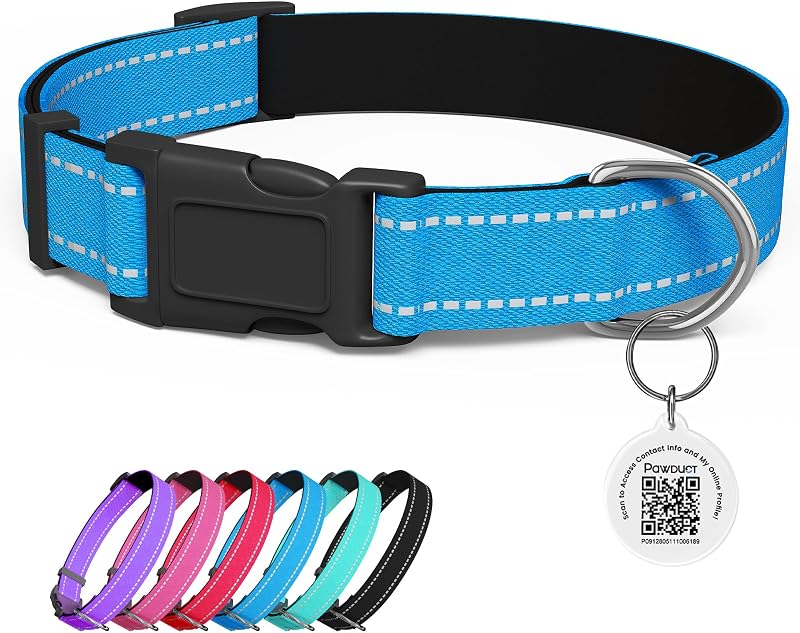 Coleira ajustável para cães com plaquinha de identificação QR inteligente Pawduct, tamanho Médio, Azul