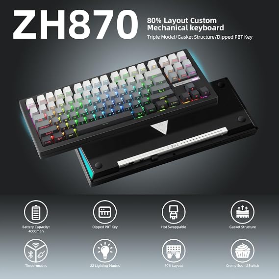 ZORNHER ZH870 Wireless Mechanical Gaming Keyboard,80% Black Custom Creamy Sound Keyboard with Shine Through PBT Keycaps,Pre-lubed Linear Switches,Hot-Swappable,RGB Backlit,2.4GHz/USB-C/BT5.0