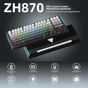 ZORNHER ZH870 Wireless Mechanical Gaming Keyboard,80% Black Custom Creamy Sound Keyboard with Shine Through PBT Keycaps,Pre-lubed Linear Switches,Hot-Swappable,RGB Backlit,2.4GHz/USB-C/BT5.0