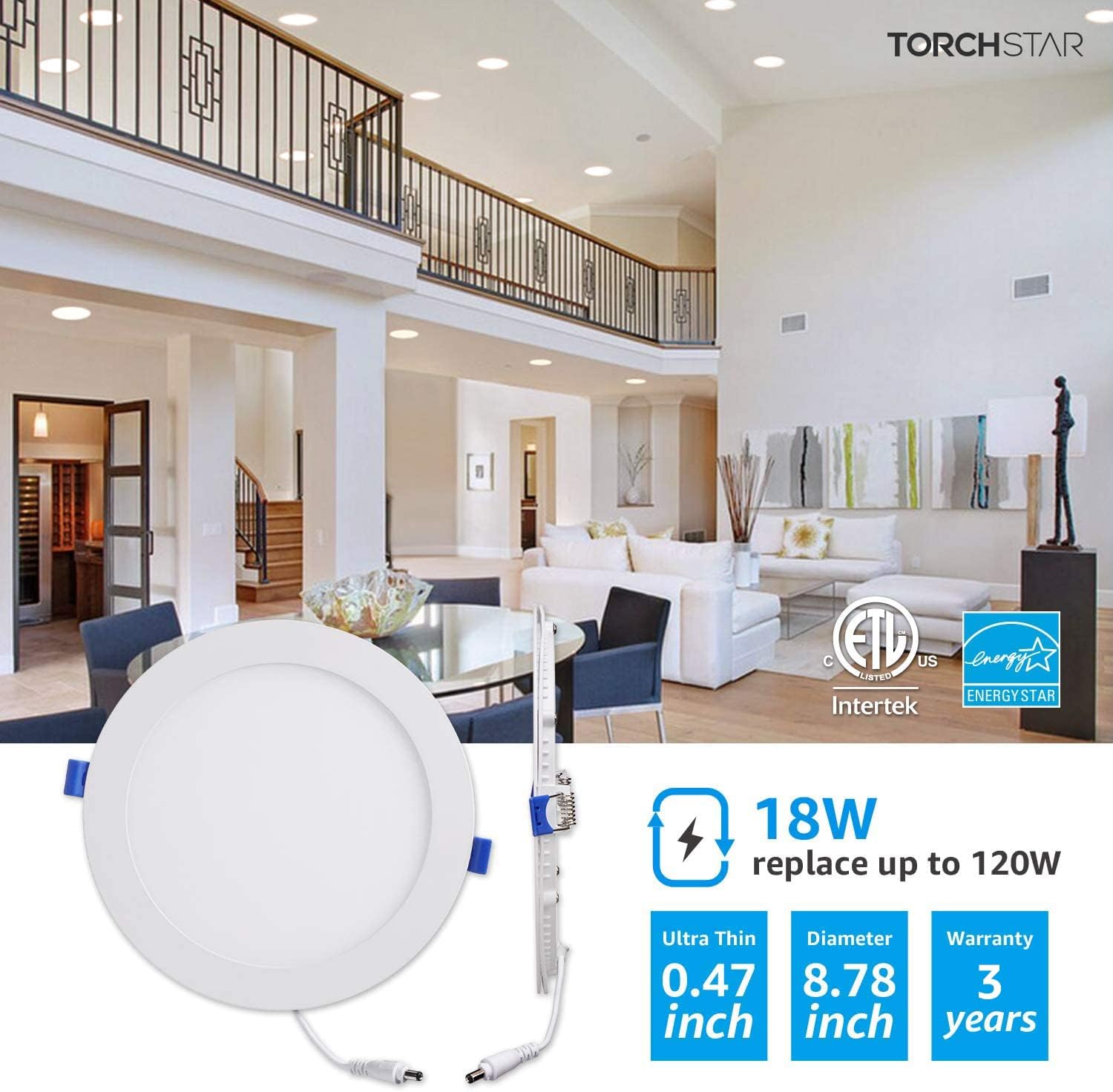 TORCHSTAR 18W Ultra-Thin 8 Inch LED Recessed Light with Junction Box, 4000K Cool White, 5%-100% Dimmable Basic Series Recessed Lighting Slim, ETL & ES, Pack of 6