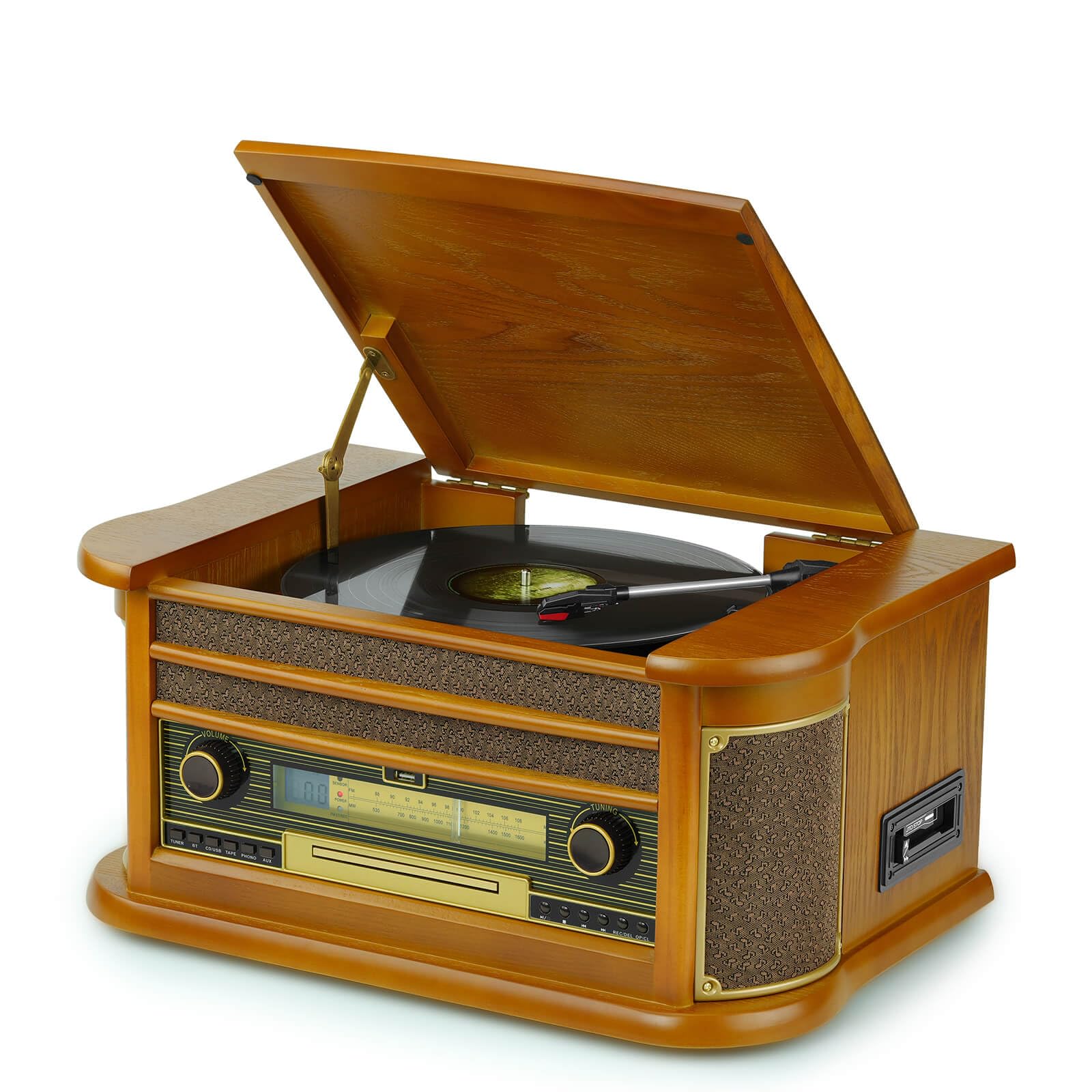 Platine Vinyle rétro Bluetooth avec Haut-parleurs, système Audio stéréo avec CD, Cassette, Radio FM, Enregistrement USB, entrée AUX, Sortie RCA, 33/45/78 TR/Min