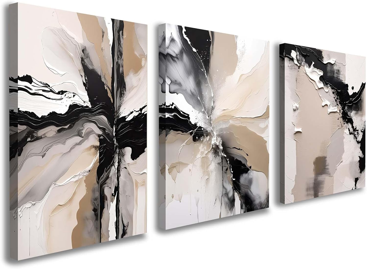 Galmcook Set of 3 Framed Canvas Wall Art 12×16 Inch Each Abstract Painting Beige Modern Wall Decoration for Living Room Bedroom Hallway and Stairs Artwork Wall Pictures with Hooks and Magic Tape