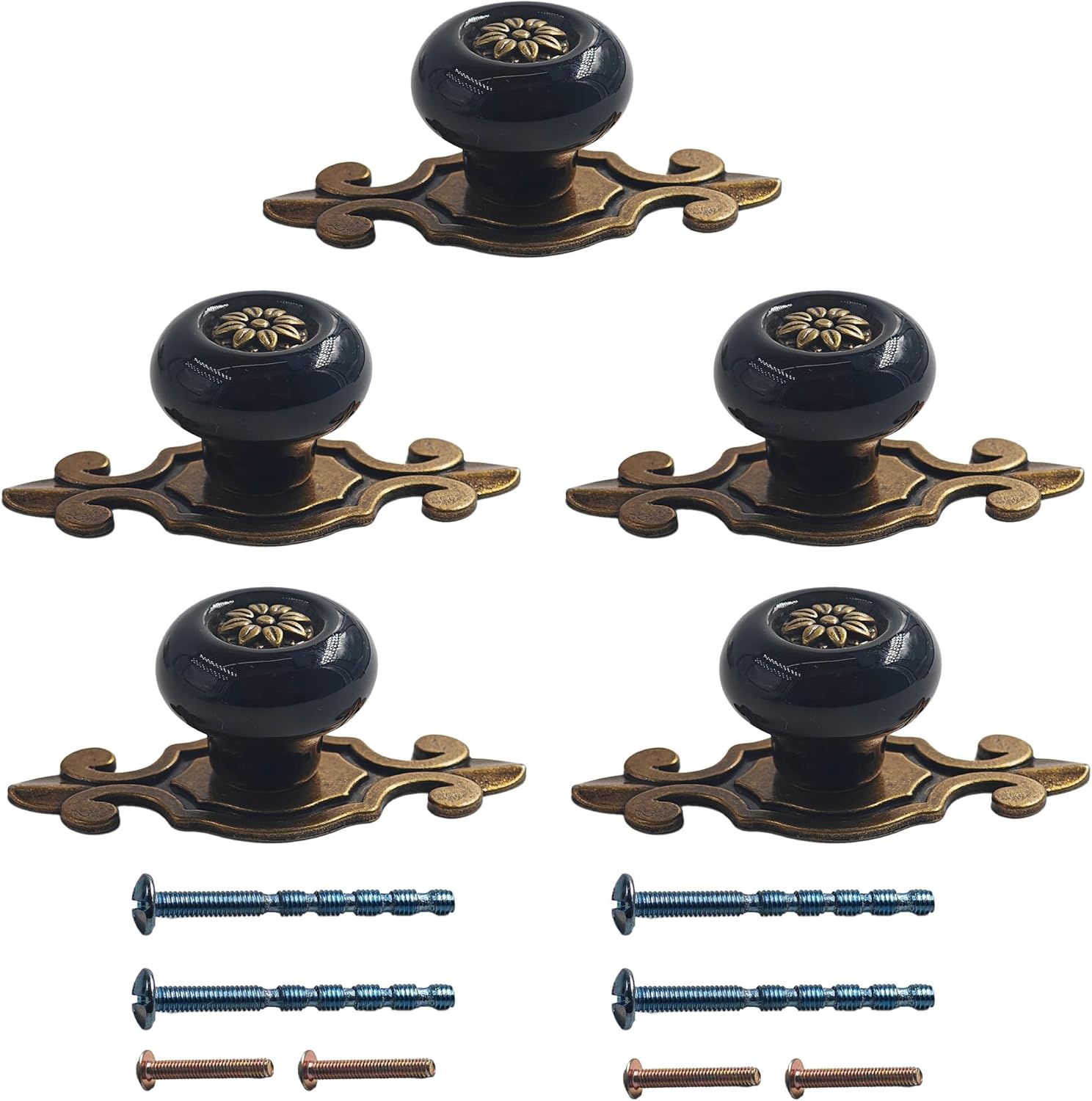 5Pcs Vintage Retro Ceramic Knobs with Zinc Alloy Backplates, Mushroom Shape Pull Handles, Antique Drawer Pull Handles for Dresser Cupboard Cabinet Wardrobe(Bronze+Black)