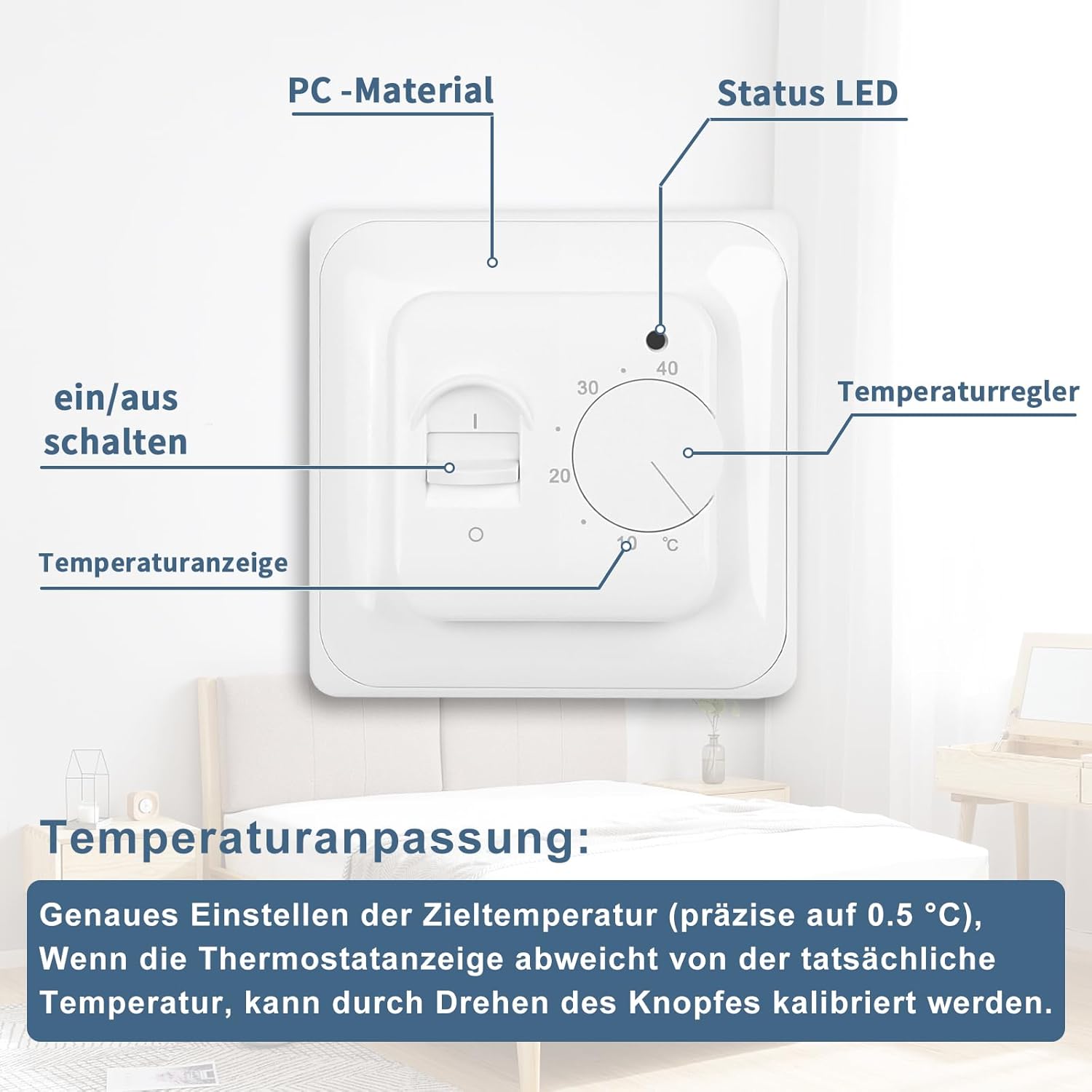Close-up of the CNBINGO MT-WK thermostat's rotary knob for temperature adjustment and calibration.