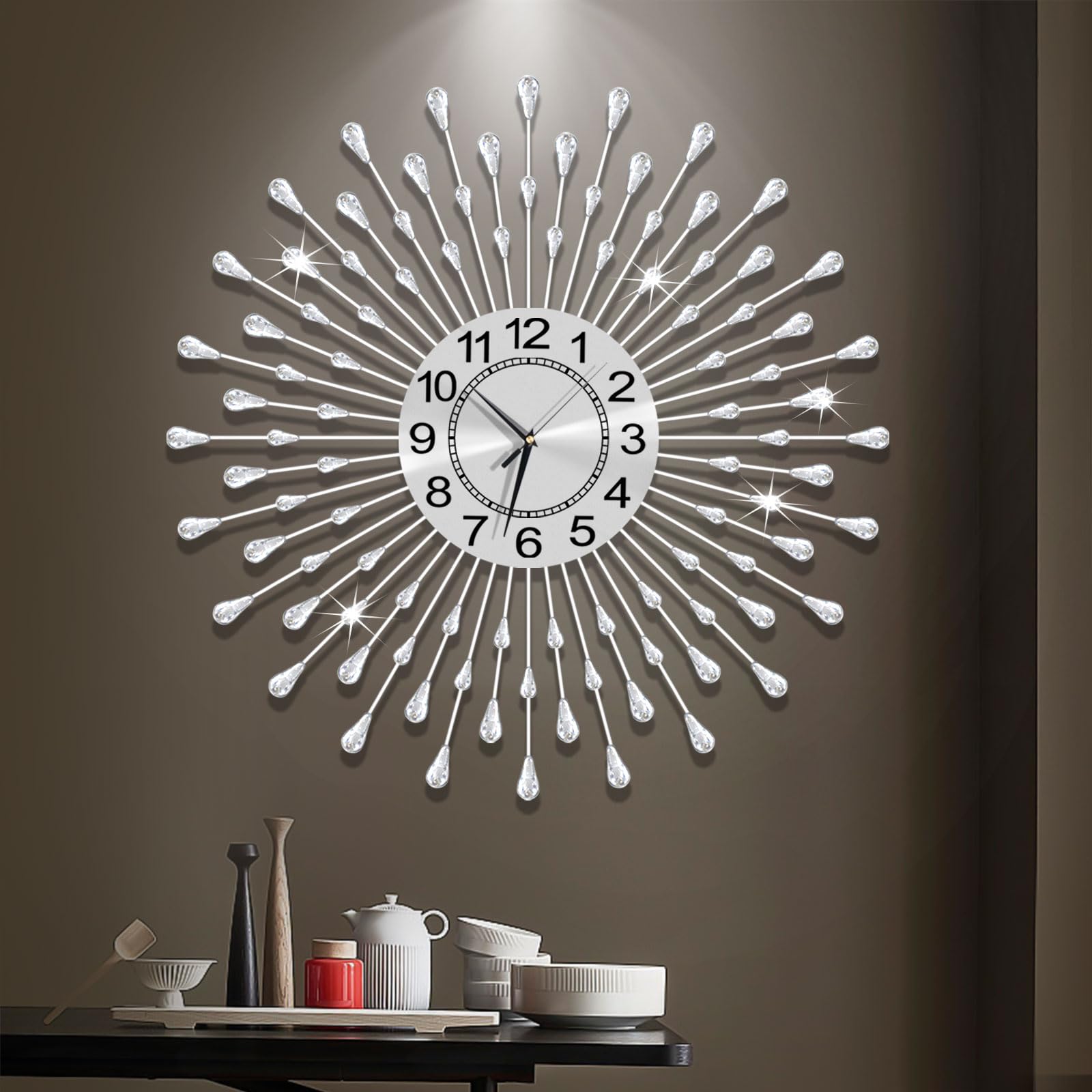 large wall clock metal decorative wall clocks silent non-ticking,bling shining modern art starburst big wall clocks for living room bedroom dining room kitchen decor,dia 28 inch silver