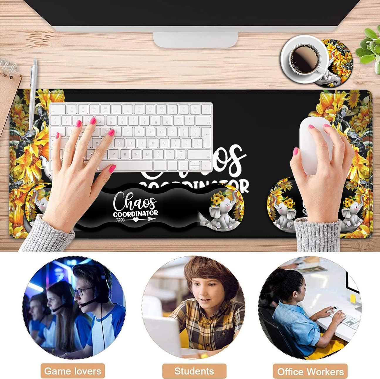 Desk Mouse Pad Office Large Mousepad Extended XXL (31.5x11.8in) Anime Cartoon Cute Baby Elephants with Sunflowers Gaming Mouse Mat Rubber Base Stiched Edges + Memory Foam Keyboard Wrist Rest