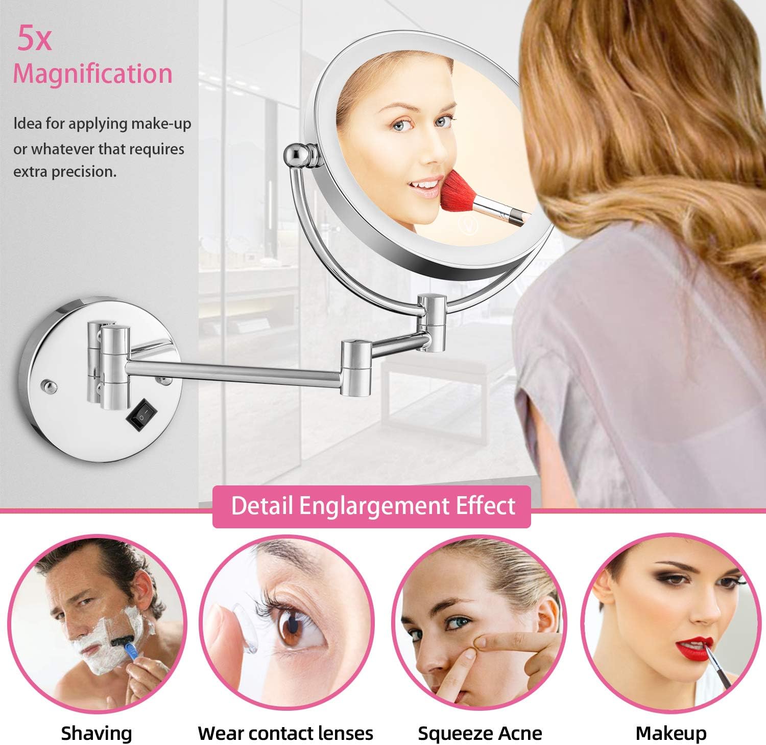 Review AMZNEVO Wall Mounted Makeup Mirror LED Lighted Touch Button Stepless Adjustable Light Double Sided 1X/5x Magnifying Vanity Mirror 360° Swivel Extendable for Bathroom Powered by Plug in-8 inches